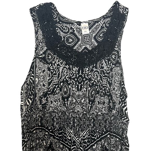 Bila Size XXL Black White Print Farah Boho Dress Handkerchief Hem Crochet Neck - Picture 5 of 9